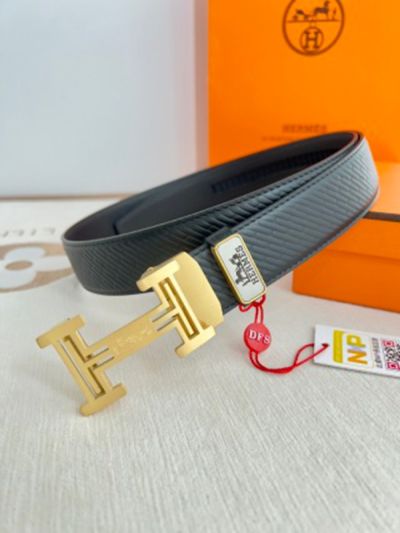 1:1  Hermes Black Leather Belt Printed Plain Weave Pattern with Gold'H' buckle Automatic Buckle 3.5cm